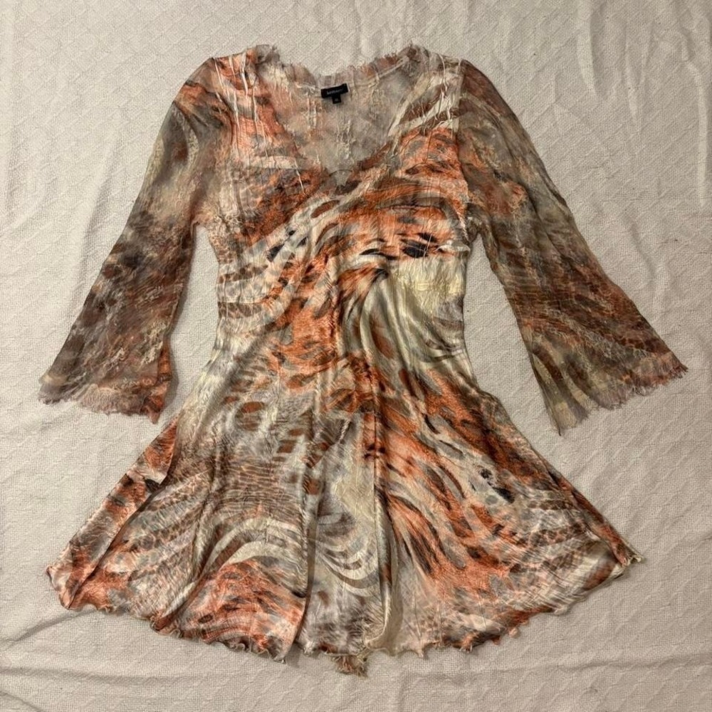 y2k Komarov XL fairycore sheer lace‎ tiger stripe laceup crinkle flare dress